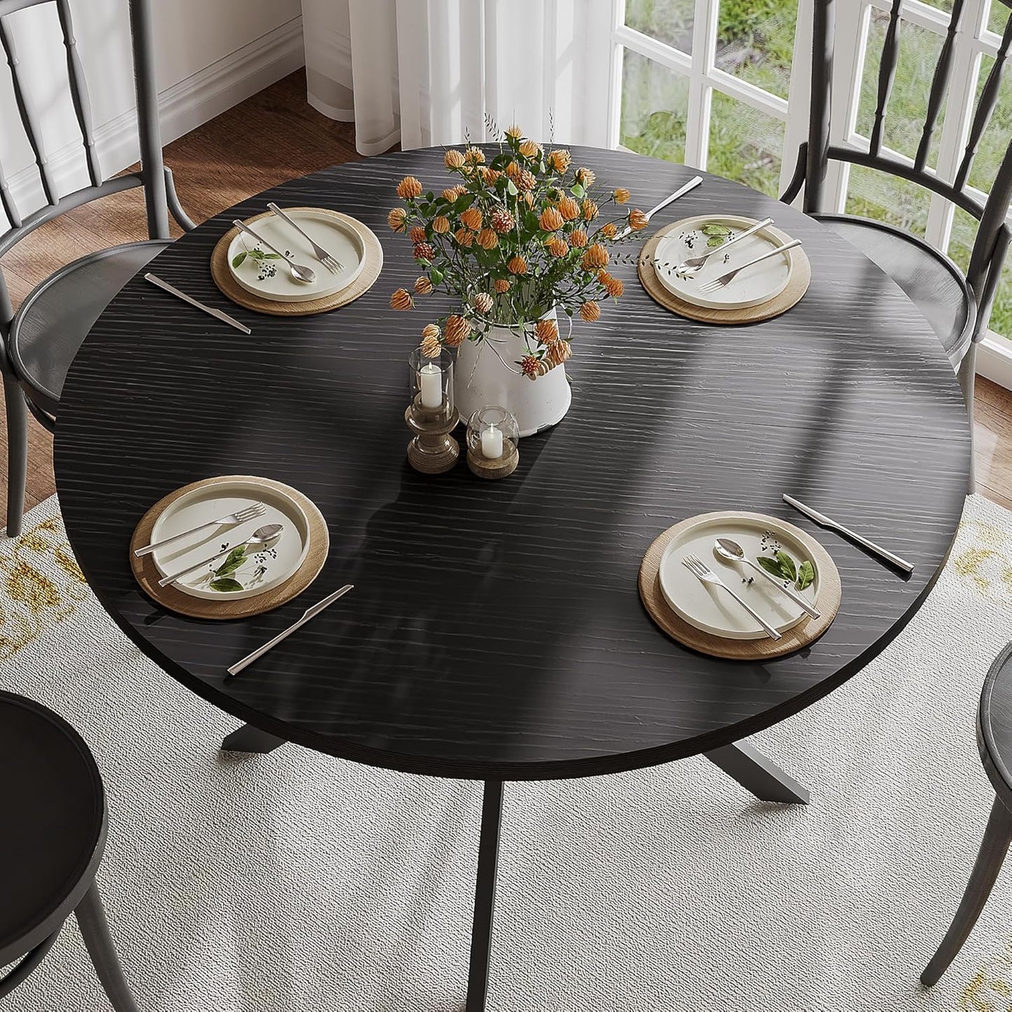 ChooChoo 47.2 Inch Round Dining Table for 4, Farmhouse Wood Kitchen Table, Circle Dinner Table for Kitchen & Dining Room, Black