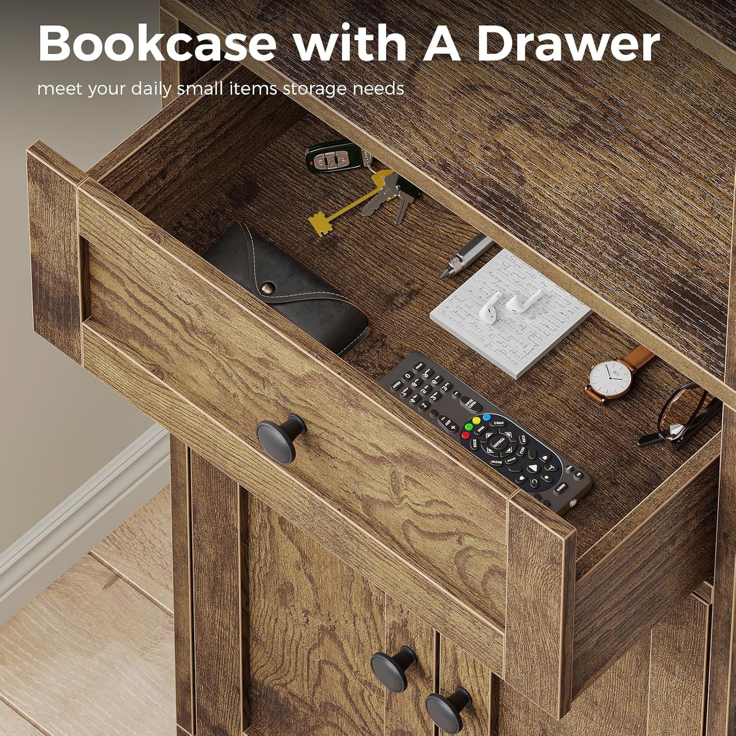 Casaottima Bookshelf and Bookcase with Doors and Drawer, Floor Standing 6-Tier Shelf Display Storage Shelves, Tall Bookcases for Home Office, Living Room, Vintage