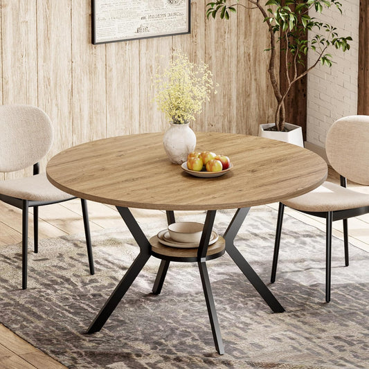 Round Dining Table for 4, 42 Inch Farmhouse Kitchen Table with Storage, Rustic Wooden Circle Dinner Pedestal Table with Metal Legs, Space Saving Kitchen & Dining Room Furniture, Natural Wood