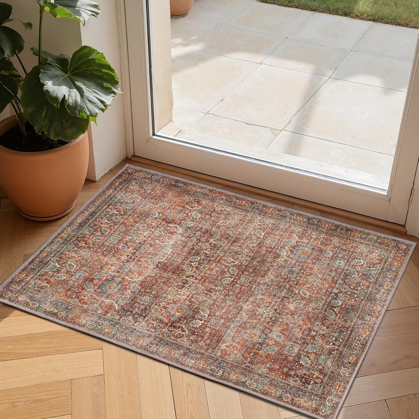 GENIMO 2x3 Area Rugs for Living Room, Machine Washable Non Slip Vintage Rugs, Low Pile Lightweight Chenille Print Rug for Bedroom, Dining Room, Home Office, Terracotta Indigo