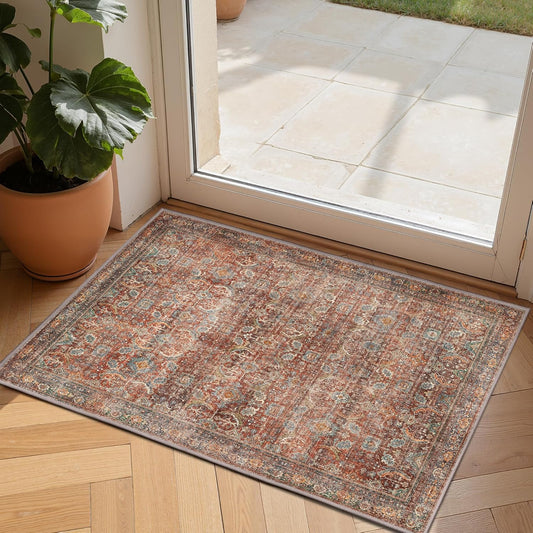 GENIMO 2x3 Area Rugs for Living Room, Machine Washable Non Slip Vintage Rugs, Low Pile Lightweight Chenille Print Rug for Bedroom, Dining Room, Home Office, Terracotta Indigo