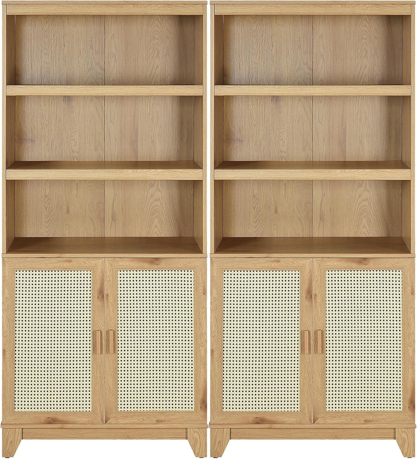 Manhattan Comfort Sheridan Modern Cane Bookcase with Adjustable Open Shelves, Soft Close Doors, and Concealed Compartments, Versatile 3 Tier Bookshelf Storage for Home and Office, Set of 2, Nature