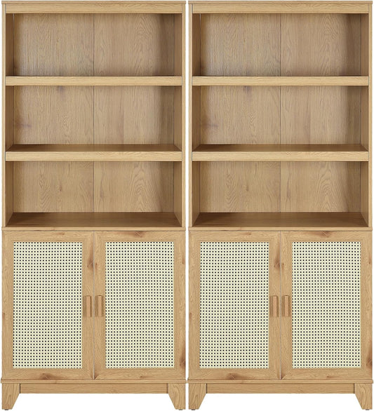 Manhattan Comfort Sheridan Modern Cane Bookcase with Adjustable Open Shelves, Soft Close Doors, and Concealed Compartments, Versatile 3 Tier Bookshelf Storage for Home and Office, Set of 2, Nature