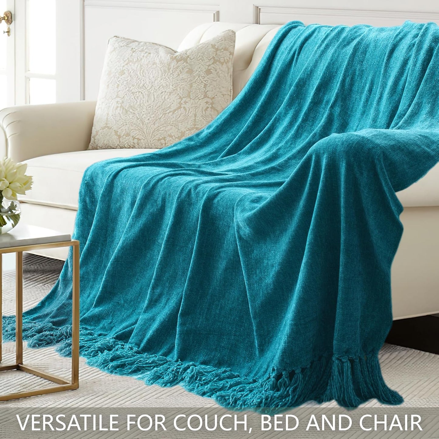 Chenille Throw Blanket for Couch 60"X 80" Twin, Soft Cozy Throws with Fringe Tassel for Bed Sofa Chair Cover, Lightweight Knitted Decorative Boho Blankets for Living Room, Teal