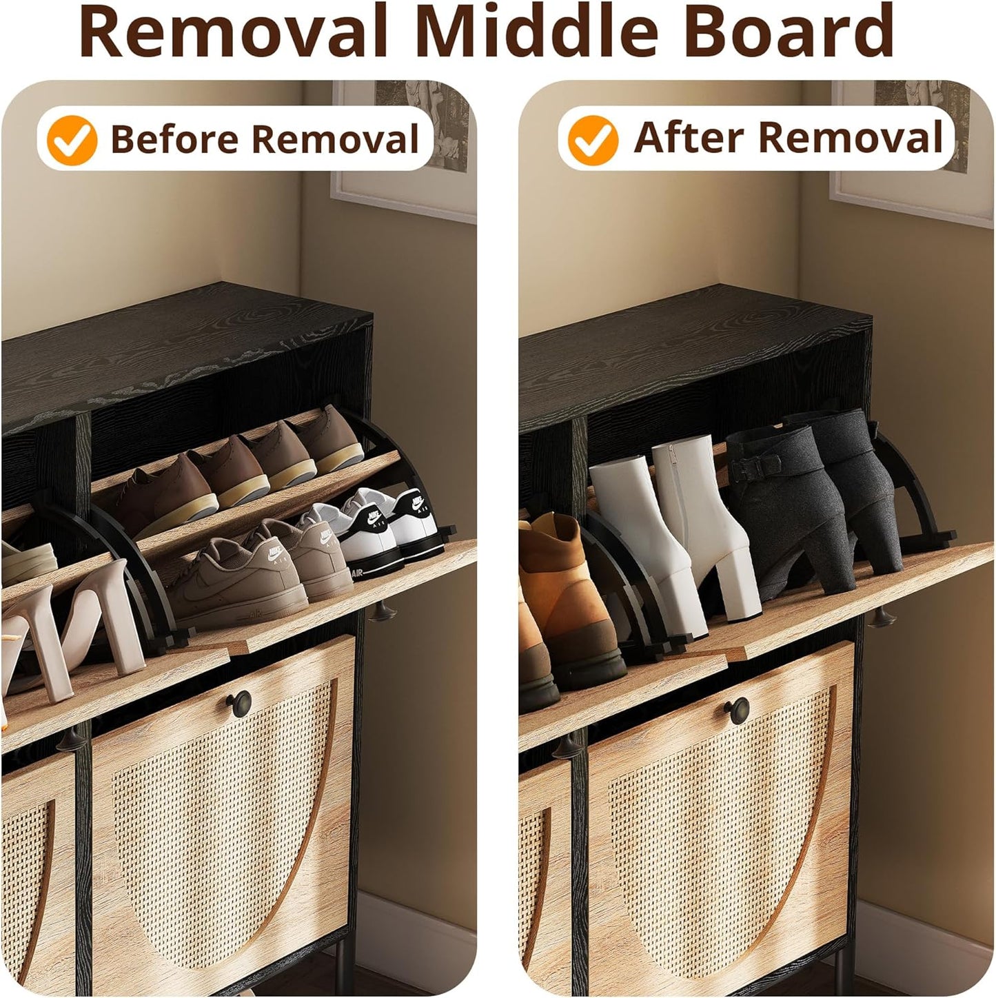 IRONCK Rattan Shoe Cabinet Storage with 4 Flip Drawers, Freestanding Shoe Storage Organizer Cabinet for Entryway, Narrow Shoe Rack Cabinet, Black