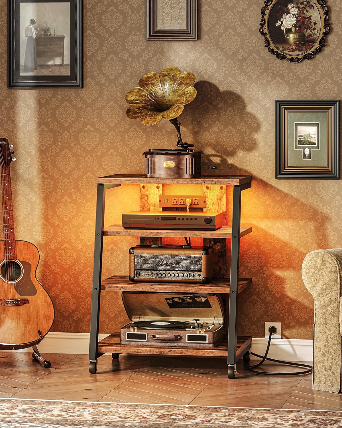 4-Tier AV Media Stand with Wheels, Stereo Stands, Media Console Shelf with Power Strips, LED Lights, Wooden Audio Cabinet Rack Tower, Rustic Brown and Black TCJ60UDBF