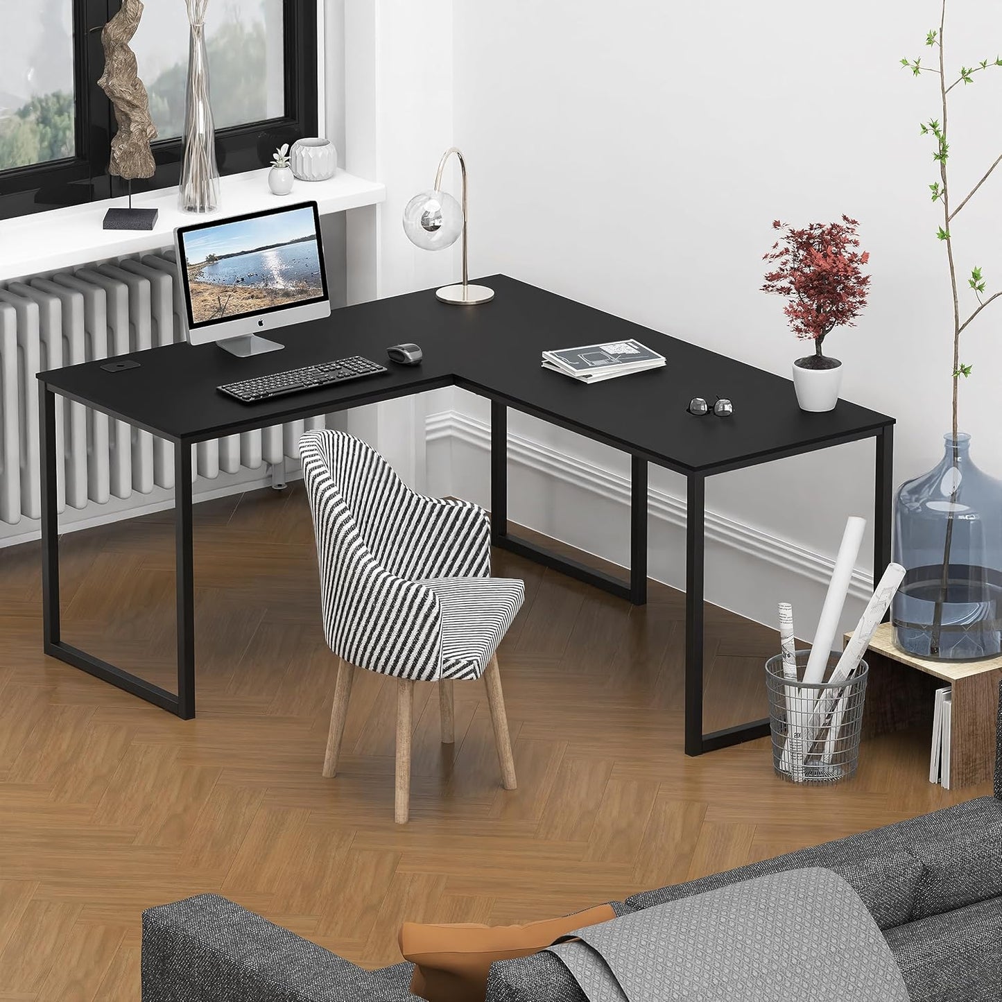 SHW Mission 55 x 60 Inches L-Shape Home Office Computer Desk, Black