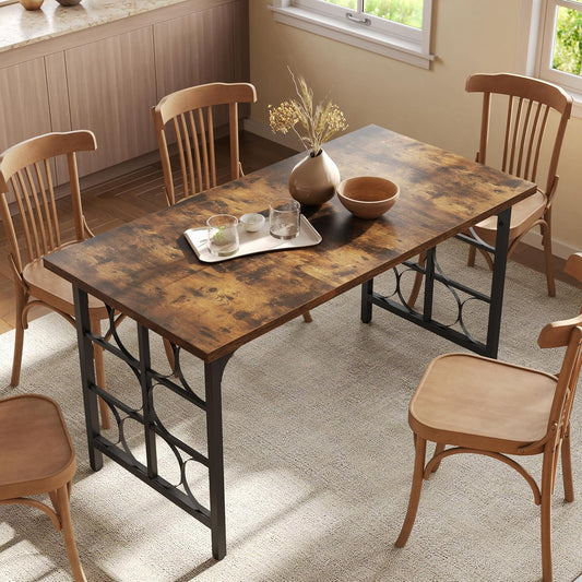 LITTLE TREE Farmhouse Dining Table for 4-6, 54.7-Inch Wooden Rectangle Kitchen Dining Room Table, Industrial Rustic Dinner Desk for Kitchen, Living Room, Home, Brown