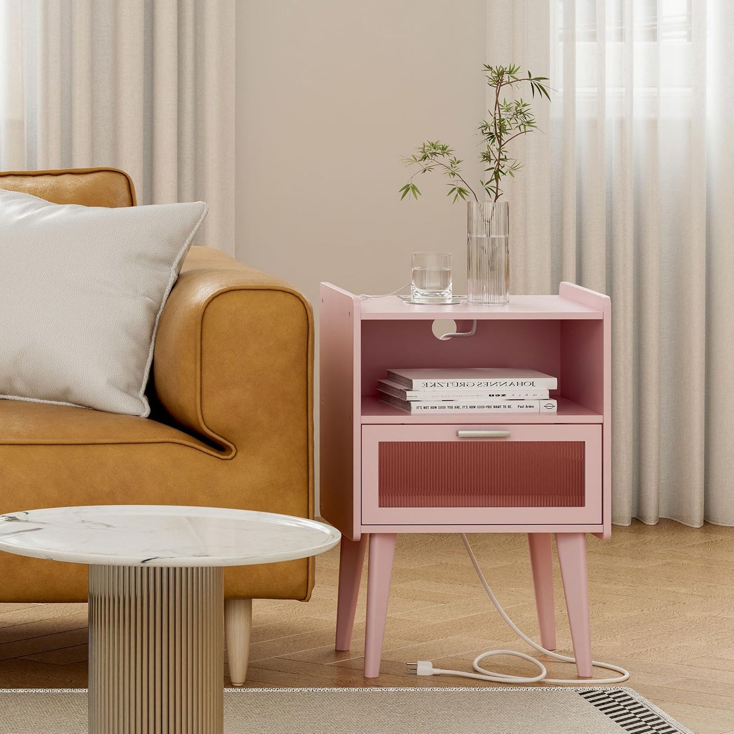 Nightstand with Charging Station, Bedside Tables Pink End Table Side Table with 2 Tiers Storage Space, for Bedroom Living Room MLBZ07PE