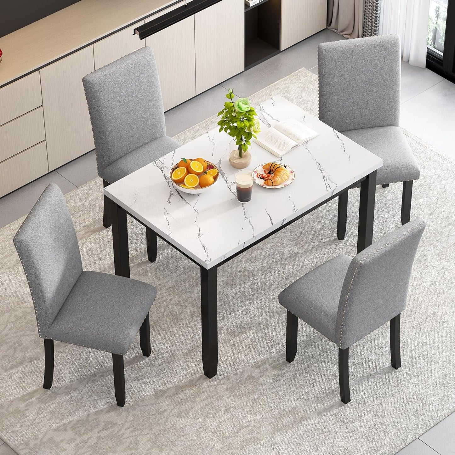 Ball & Cast 5 Piece Dining Table Set with 4 Cushion Chairs,Kitchen Table and Chairs for 4 W/ 45.3" Rectangle Desk,for Restaurant,Home Bistro,White/Light Gray+Black