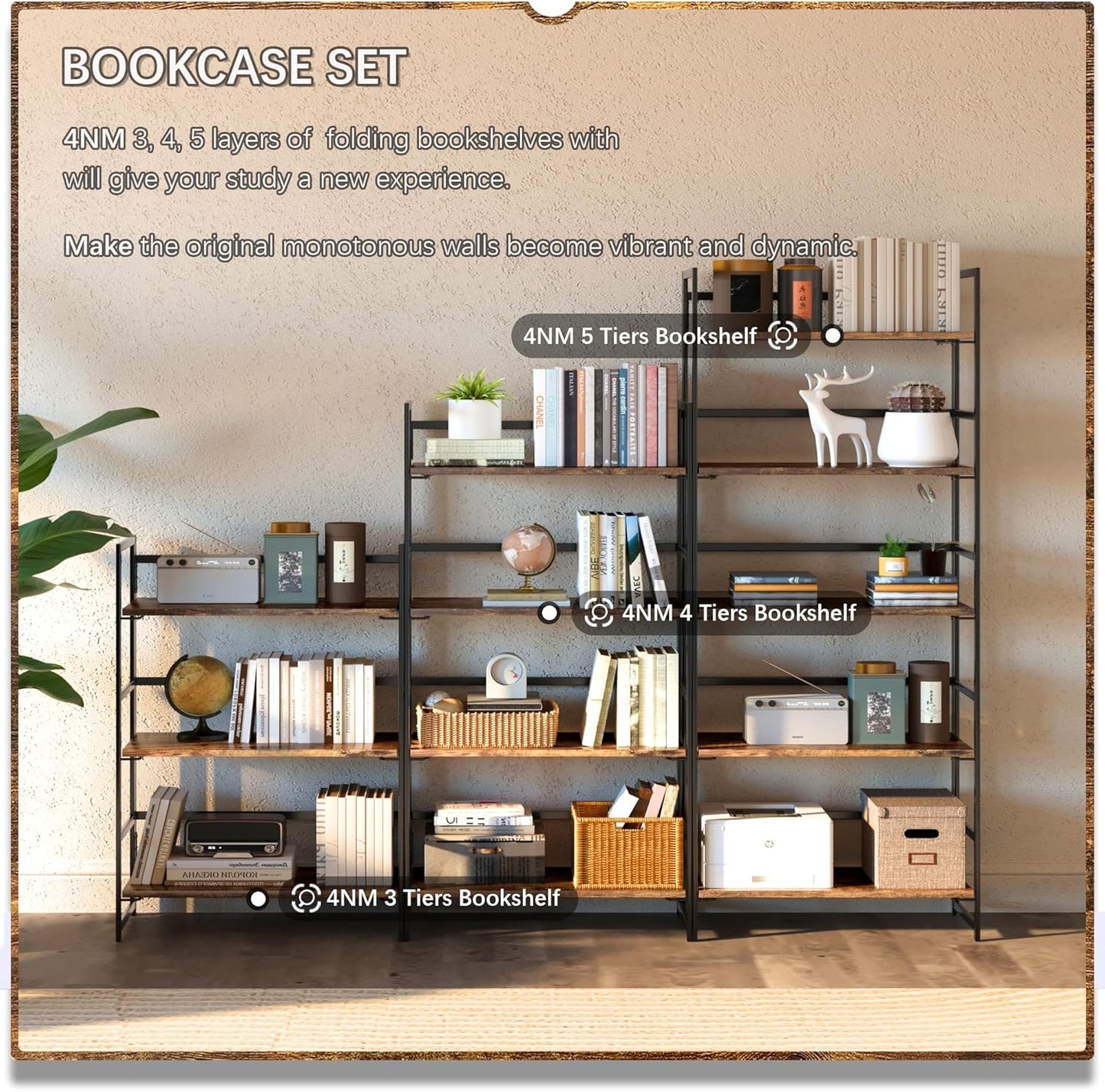 4NM No Assembly 5 Tiers Book Shelves, Black Folding Bookshelf Bookcase Open Industrial Foldable Shelves for Bedroom, Living Room, Home Office - Rustic Brown Black