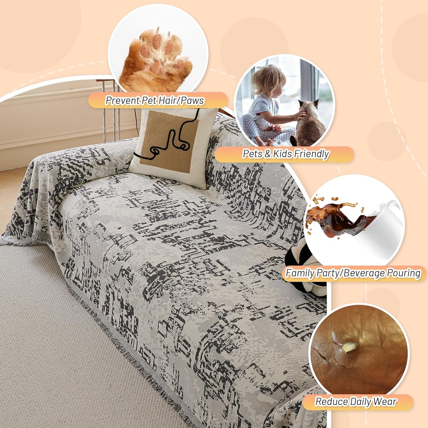 MYSKY HOME Boho Couch Cover Sofa Covers, Couch Covers for 2 Cushion Couch Sofa, Chenille L Shape Sectional Couch Cover- Pet-Friendly, Machine Washable, Sofa Protector for Kid, 71"x118", Dark Grey Maze