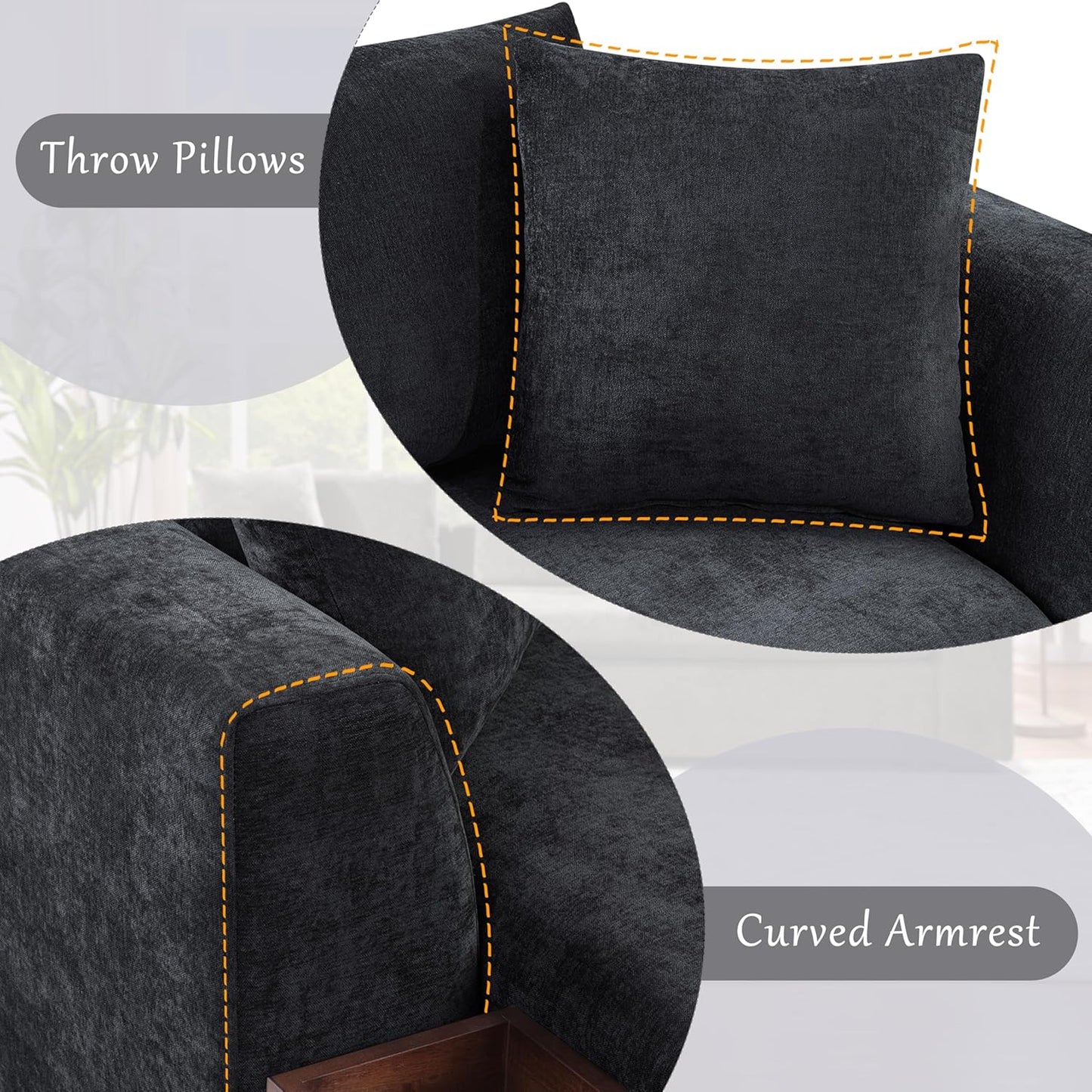 Merax 93.7" L-Shaped Sectional Sofa with Wooden Storage Compartment, Chenille Upholstered Deep Seating Sleeper Couch & Chaise Lounge and Throw Pillows for Living Room, Black