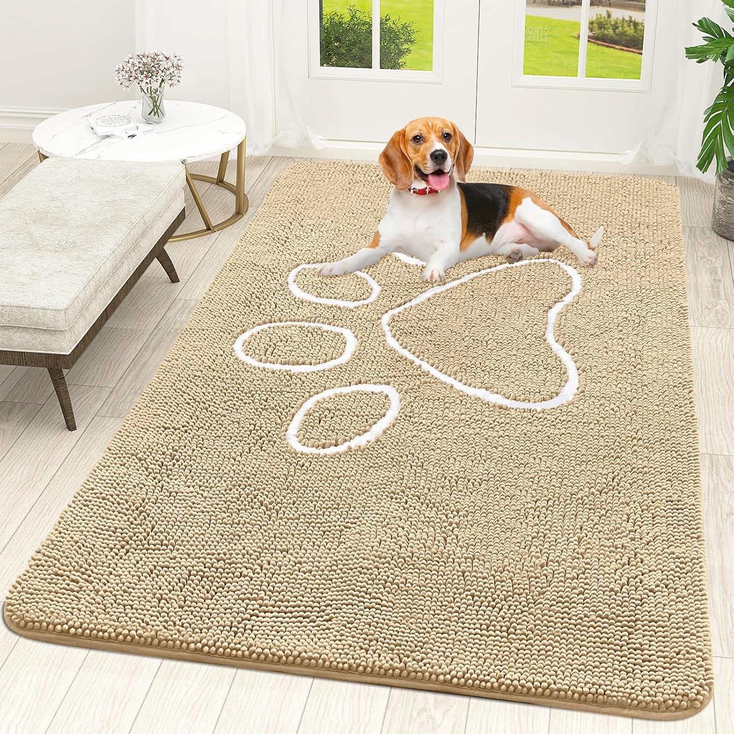 OLANLY Door Mat for Muddy Dog Paws 59x35, Ultra Absorbent Chenille Mud Doormat with Paw Print Design, Non-Slip Washable Doormat for Indoor Entryway, Quick-Dry Pet Bed Mats for Dirty Dogs, Beige