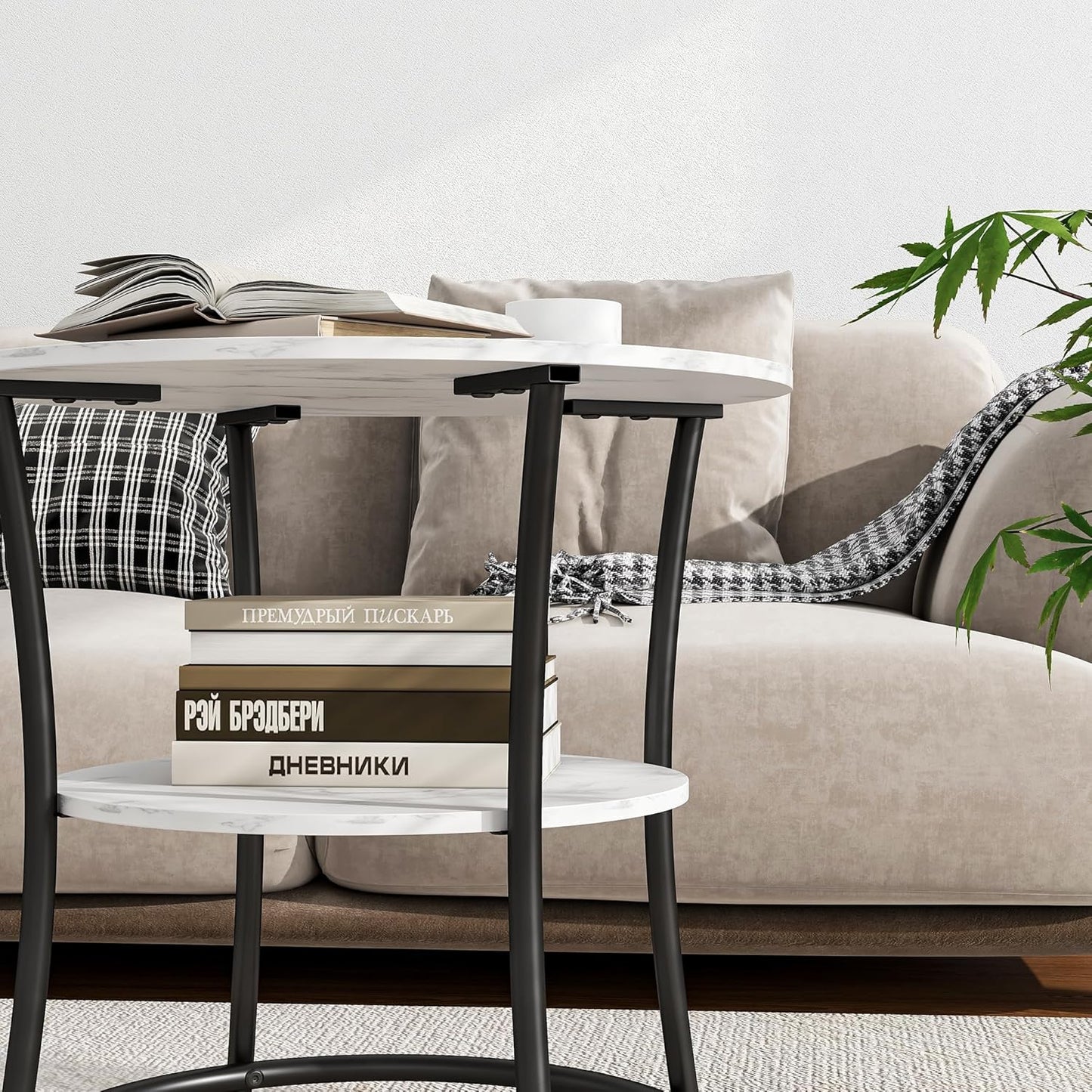 BOFENG Round Coffee Table Side Table,Round End Table with 2 Storage Shelves for Living Room, Bedroom,Small Space,Coffee Table Nightstand with Sturdy Metal Frame,Easy Assembly,White