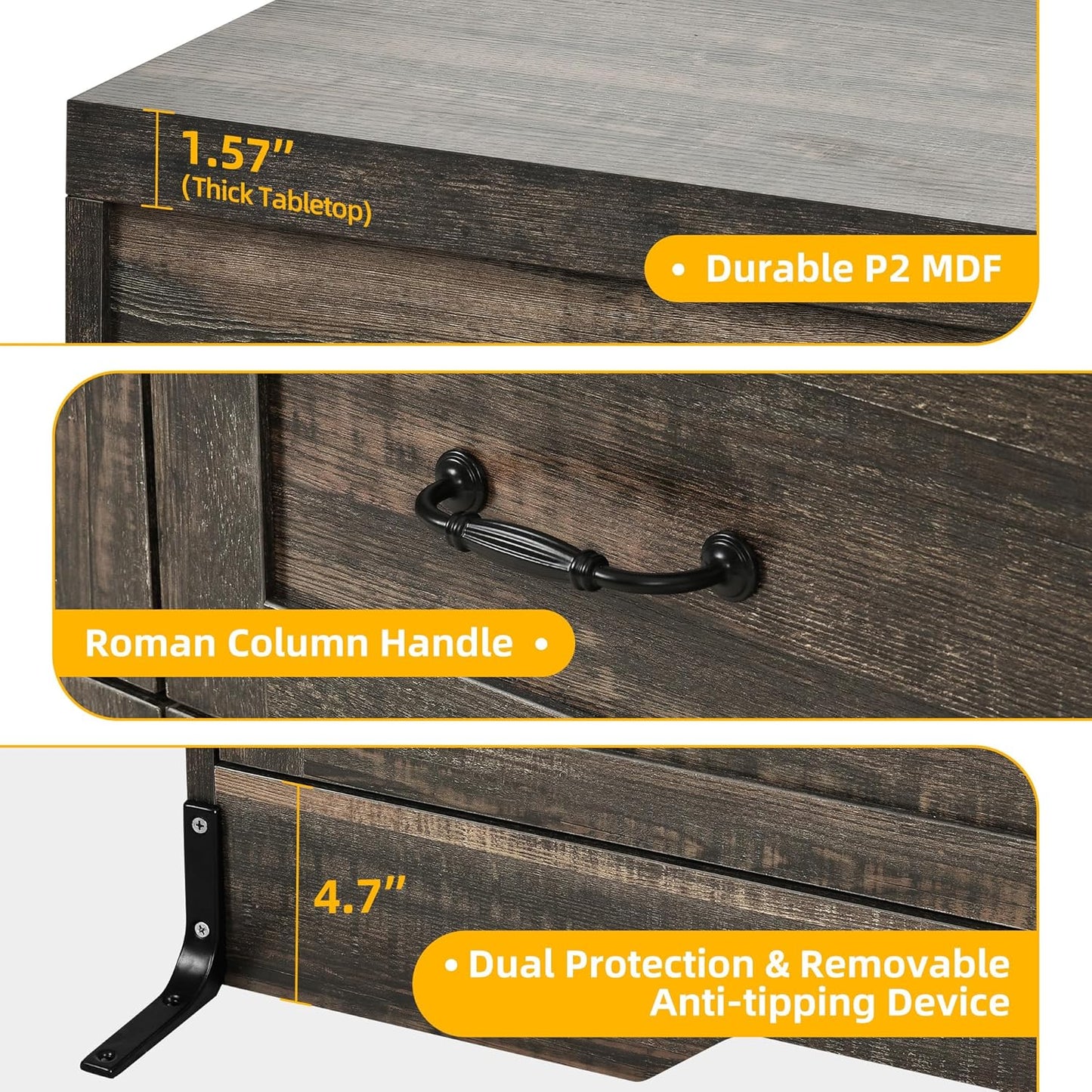 YITAHOME Rustic Oak Drawers TV Stand for 65 inches with Power Outlets -Chest of Drawers Dresser with Side Organizer Bag Entertainment Center TV Console