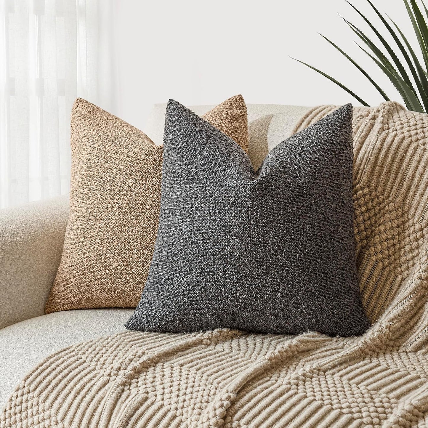 Foindtower Set of 2, Decorative Textured Boucle Throw Pillow Covers Accent Solid Pillow Cases Neutral Soft Cozy Couch Cushion Case for Chair Sofa Bedroom Living Room Home Decor 24 x 24 Inch Dark Grey