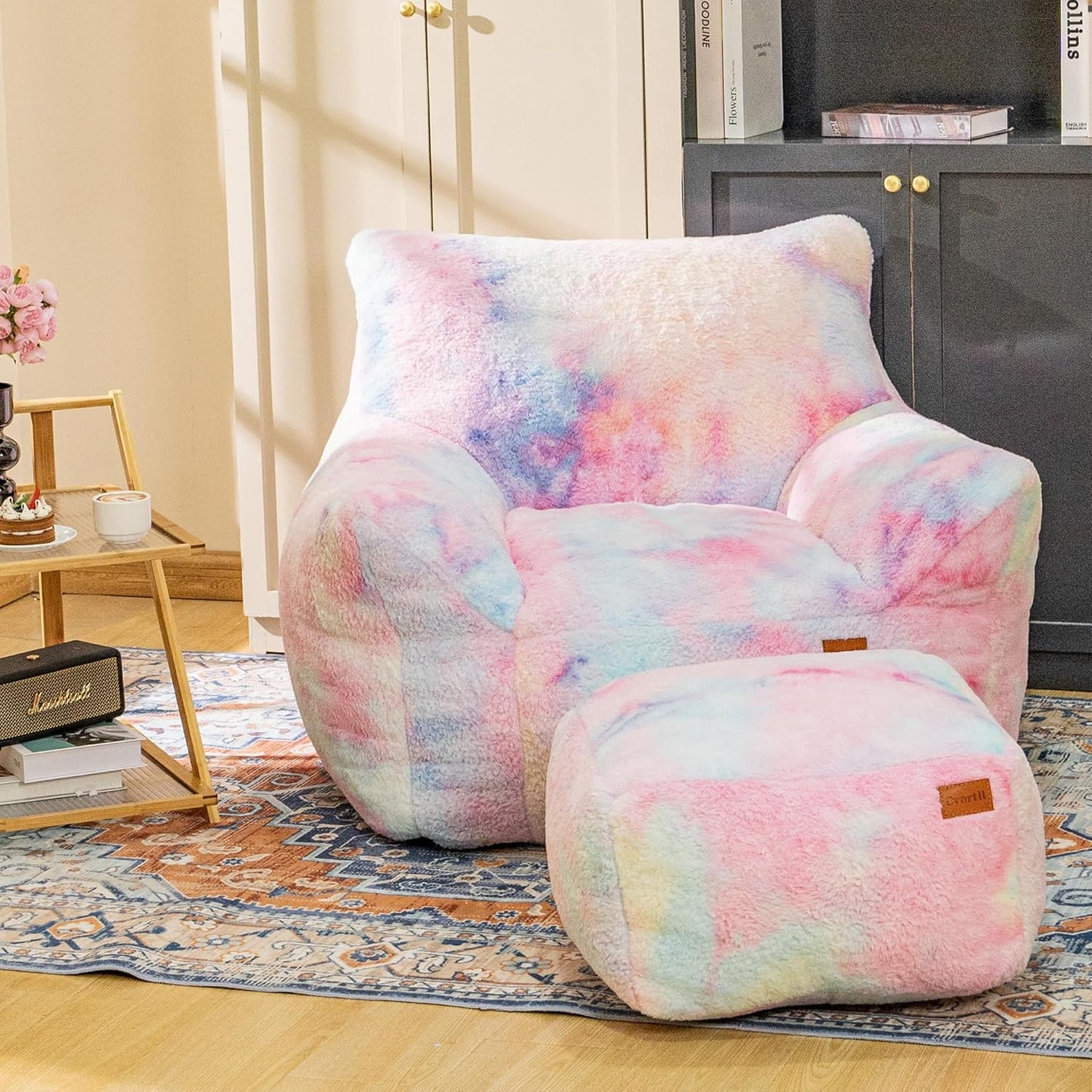 Bean Bag Chair, Sherpa Accent Beanbag Chair and Ottoman Set, Fur Faux BeanBag Chair with Memory Foam Filled, Lazy Sofa Comfy Cozy BeanBag Chair for Dorm, Apartment, Living Room (Colorful)