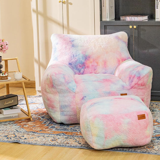 Bean Bag Chair, Sherpa Accent Beanbag Chair and Ottoman Set, Fur Faux BeanBag Chair with Memory Foam Filled, Lazy Sofa Comfy Cozy BeanBag Chair for Dorm, Apartment, Living Room (Colorful)