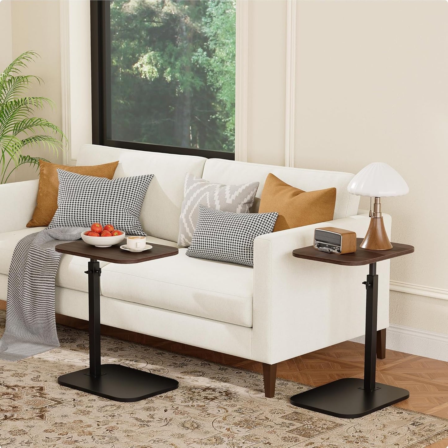 C Shaped End Table for Couch, Adjustable Height Couch Side Table, Horizontal 360°Swivel Small TV Tray Table Couch Side Tables That Slide Under (Walnut)