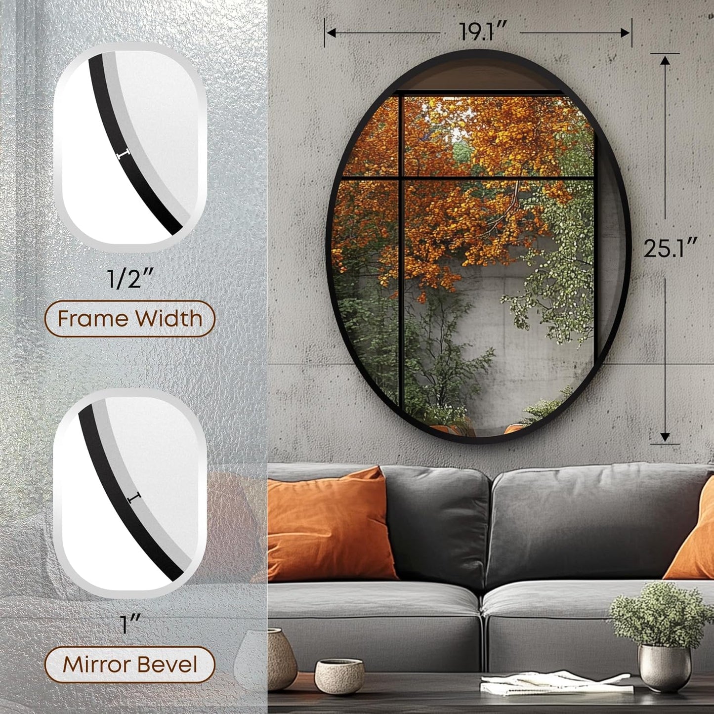 OVALCREST - Oval Wooden Beveled Wall Mirror for Home Decor, Bathroom, Vanity, Bedroom, Living Room, Hallway - London Style (Matte Black) 19.1 x 25.1