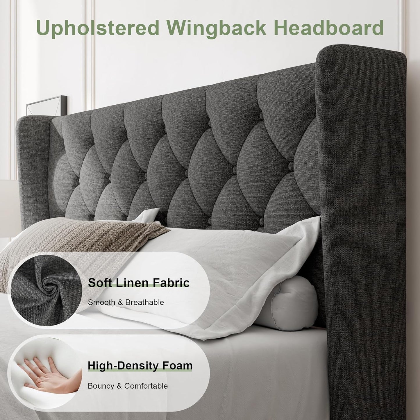 Feonase Full Size Bed Frame with Upholstered Wingback Headboard, Platform Bed and Heavy Duty Wooden Slats Support, Easy Assembly, Noise-Free, No Box Spring Needed, Dark Gray