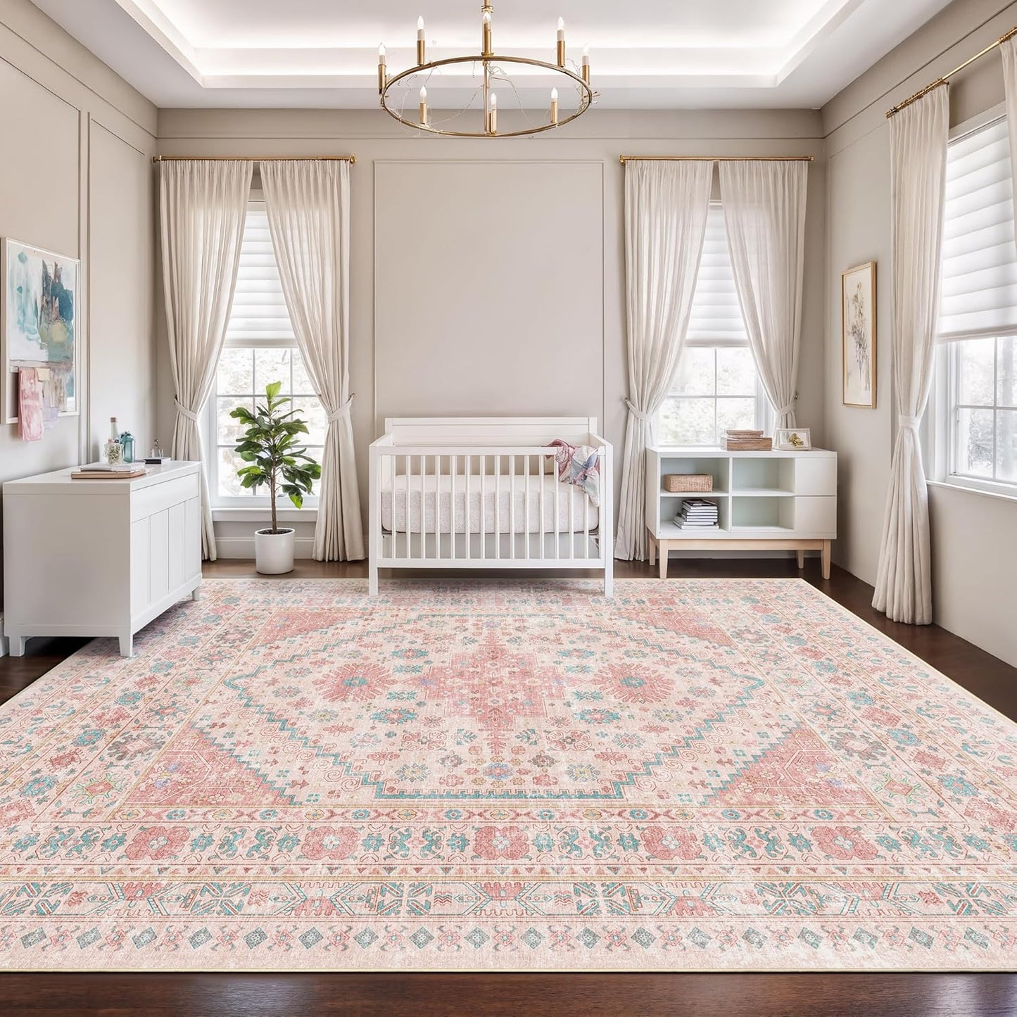 zesthome 10x14 Area Rugs - Large Pink Rugs for Bedroom Girls, Stain Resistant Washable Rugs, Vintage Low Pile Rug, Nursery Room Rug, Pink Room Decor (Pink/Blue,10'x14')