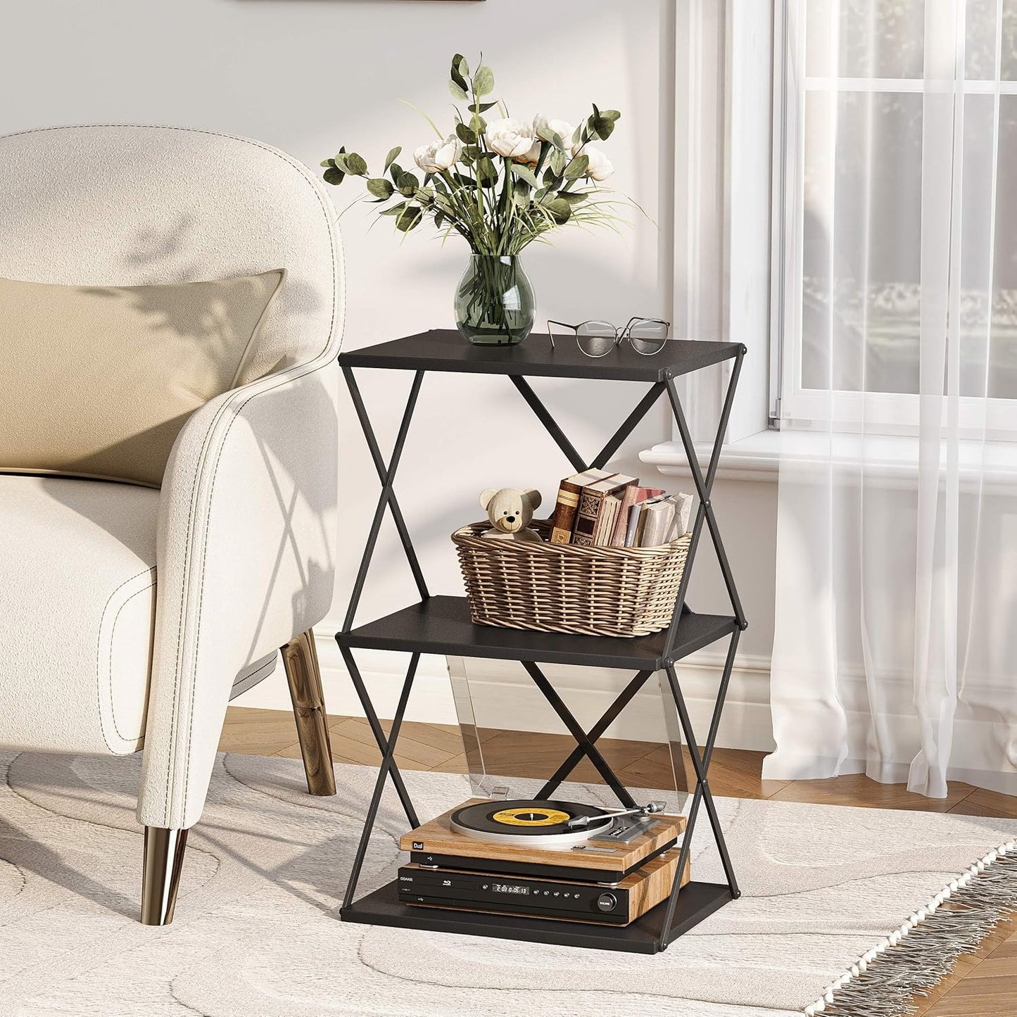 3-Tier End Table Small Side Table Tall Bedside Night Stand with Storage Sofa Side desks for Living Room Bedroom Office Bathroom Small Space Black ET-03BK