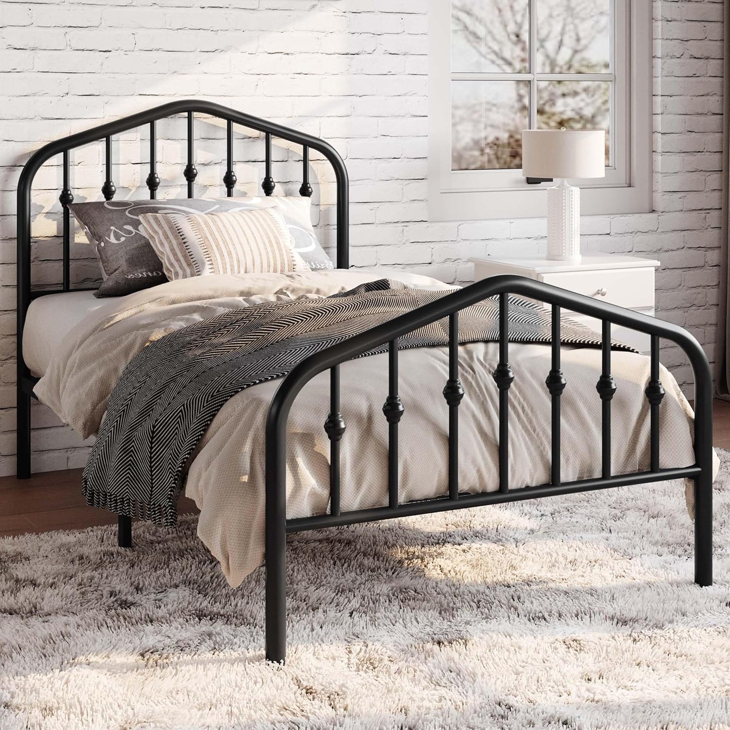 SHA CERLIN Twin Size Metal Platform Bed Frame with Victorian Style Wrought Iron-Art Headboard/Footboard, No Box Spring Required, Black