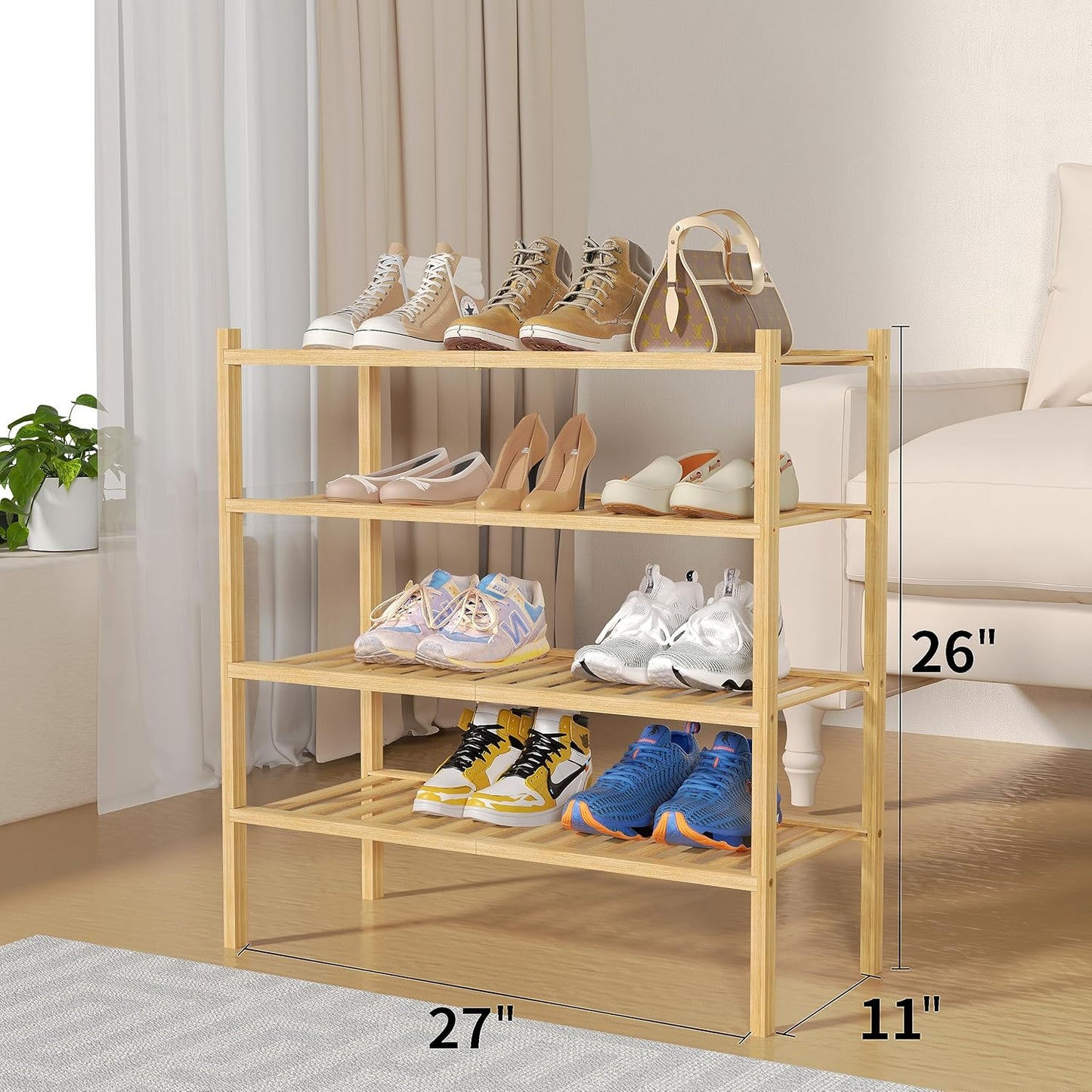 4 Tier Bamboo Shoe Rack for Closet Free Standing Wood Shoe Shelf for Entryway Small Space Stackable 27"x11"x26" (Natural)