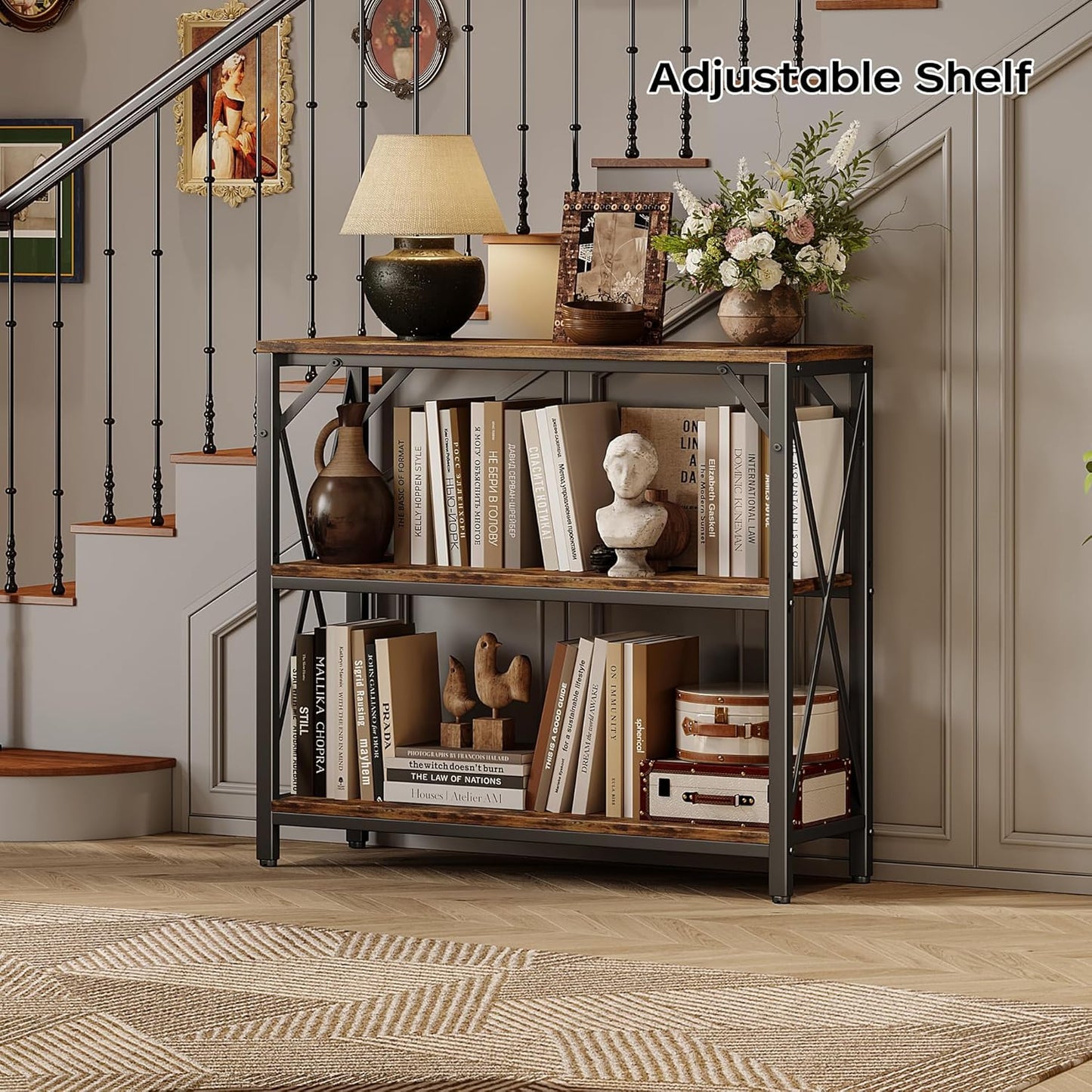 Homeiju Console Table 31.5" Width, 3-Tier Entryway Table with Storage, Industrial Sofa Table with Open Shelves, Foyer Tables for Entryway, Hallway, Kitchen, Living Room and Bedroom, Rustic Brown