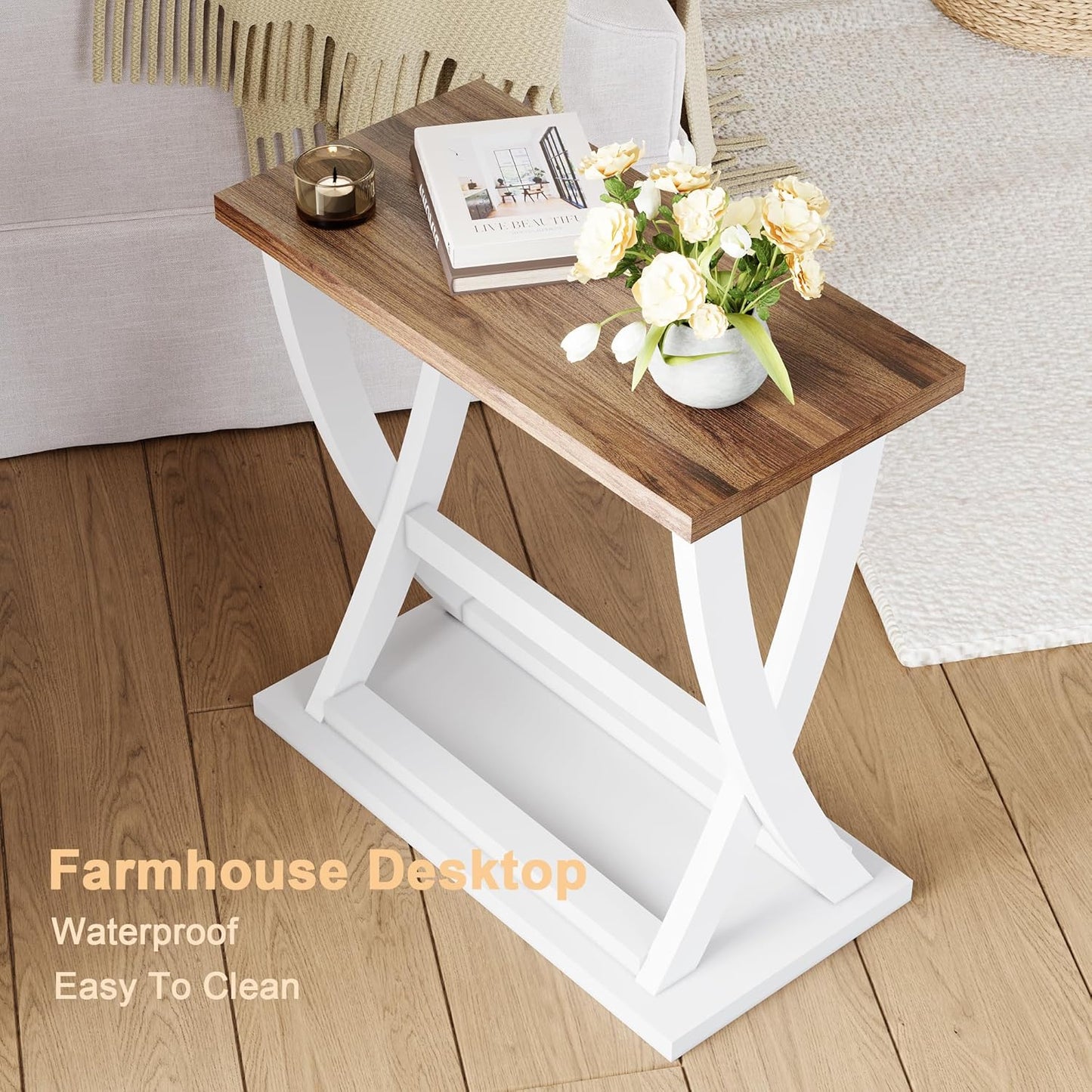 ChooChoo Farmhouse End Table, Narrow Side Table with Storage Shelf, Modern X-Design Slim End Table for Living Room,Bedroom, Small Space, 11.8" D*23.6" W*23.4" D