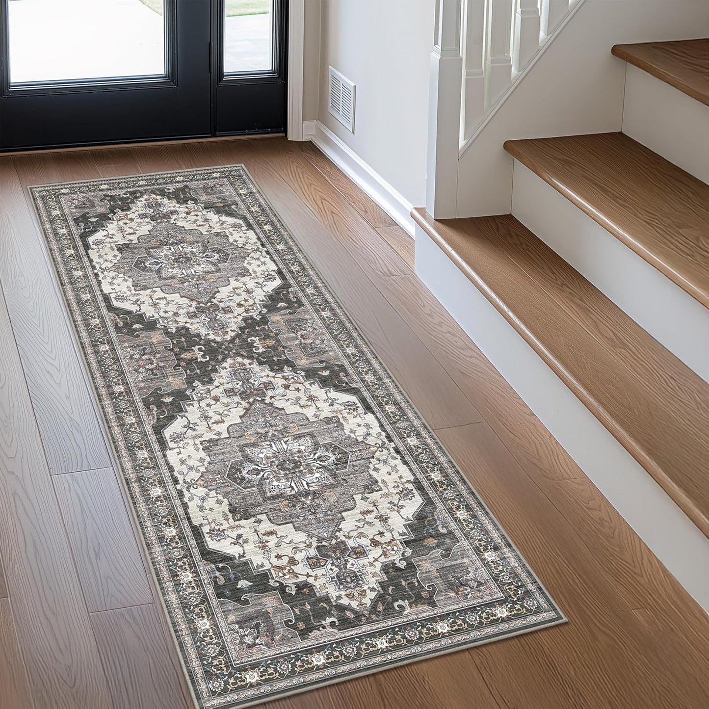 GENIMO 2X12 Hallway Runner Rug, Machine Washable Non Slip Vintage Floral Patchwork Runners, Thin Low Pile Chenille Carpet Runners for Entryway, Kitchen, Bathroom, Bedroom, Slate Gray