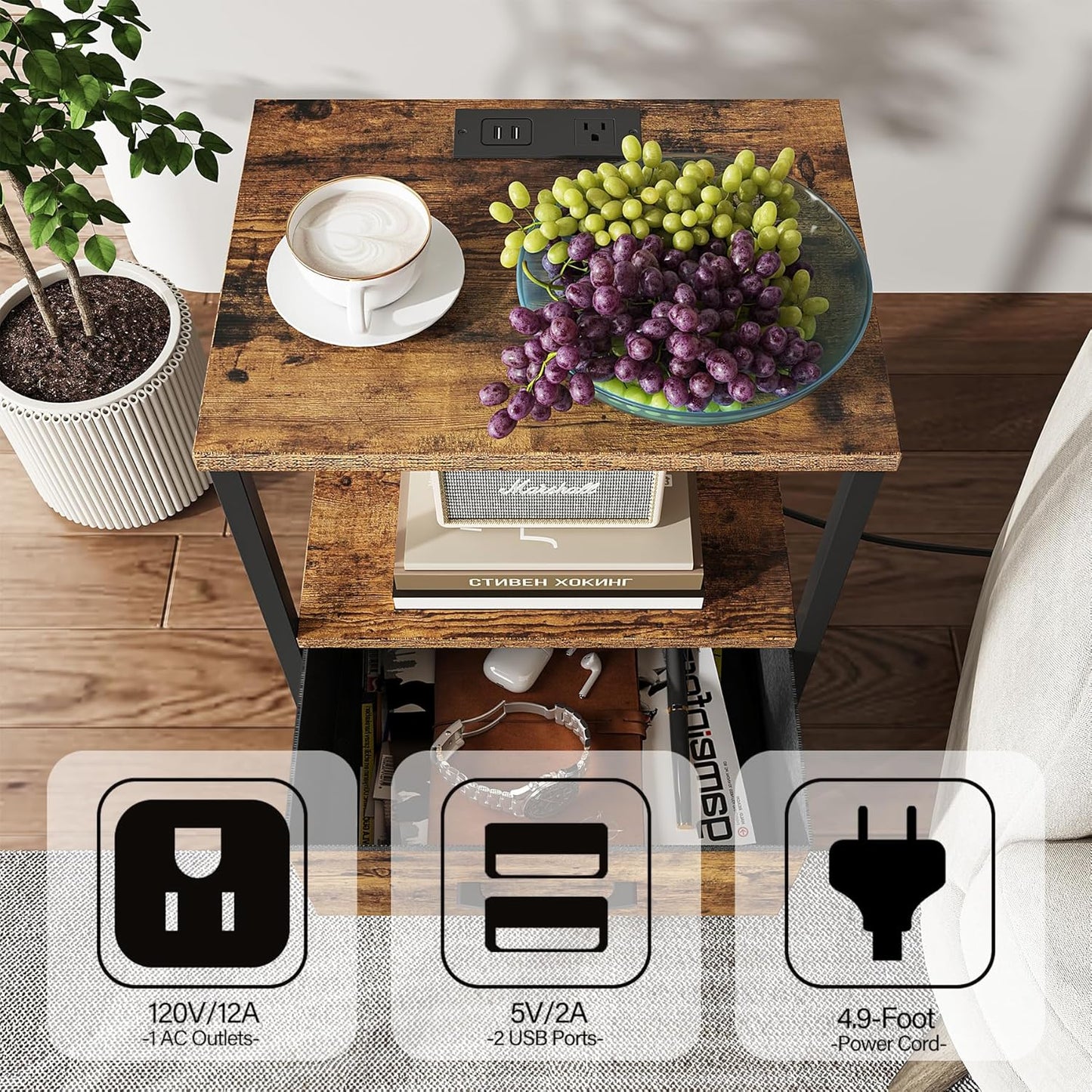 TUTOTAK End Table with Charging Station, Night Stand, Side Table with 2 USB Ports and Outlets, Nightstand with Cloth Drawer, Bedside Table for Livingroom, Bedroom Brown TB01BB088