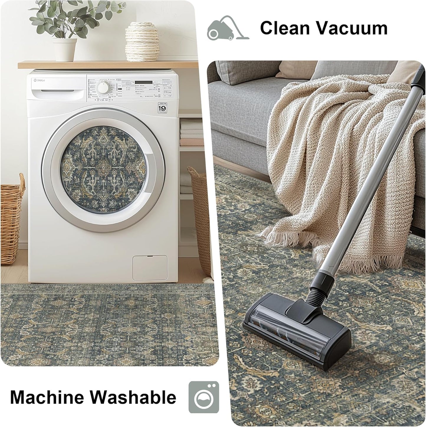 2X10 Area Rugs Machine Washable Rugs for Living Room, Vintage Boho Large Rugs for Bedroom Dining Room, Non Slip Indoor Soft Distressed Lightweight Thin Low Pile Carpet, Deep