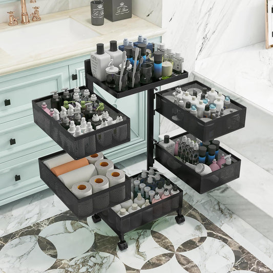 Rolling Rotating Storage Cart No Assembly Required，Bathroom Shelf Fruit and Vegetable Basket for Kitchen,Storage Drawer Organizer Cart ，Metal Utility cart on Wheels(Black, 5 Tier-Square)