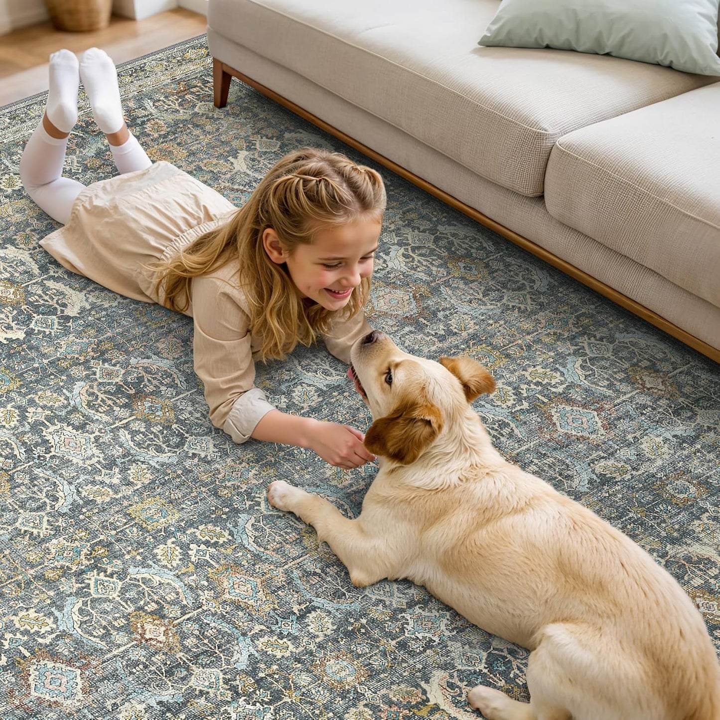 6X9 Area Rugs Machine Washable Rugs for Living Room, Vintage Boho Large Rugs for Bedroom Dining Room, Non Slip Indoor Soft Distressed Lightweight Thin Low Pile Carpet, Terracotta