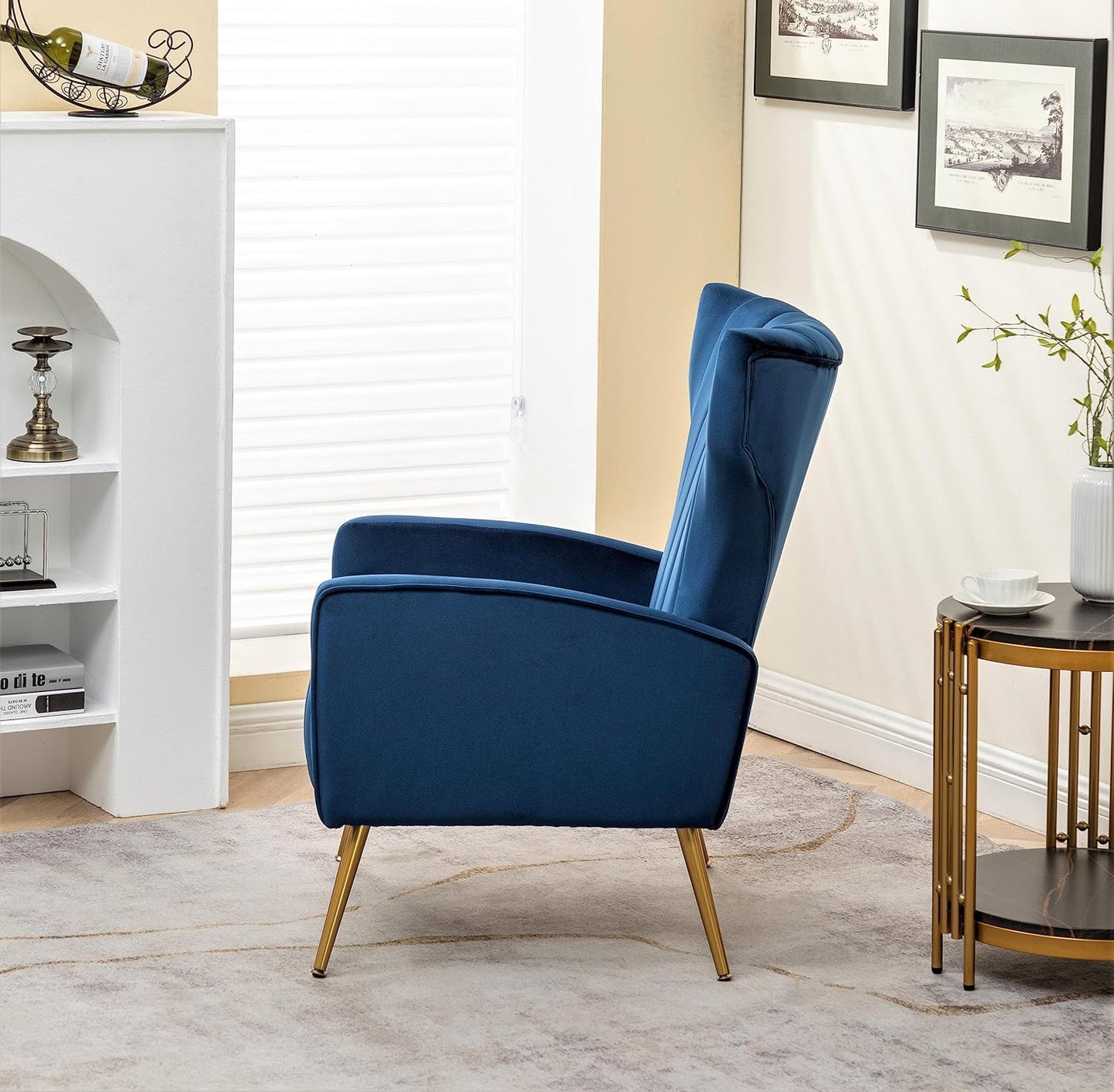 Container Furniture Direct Modern Velvet Accent Chair, Channel Tufted Bedroom, Office or Living Room Furniture with Elegant Metal Legs, 26" Wide Armchair, Blue