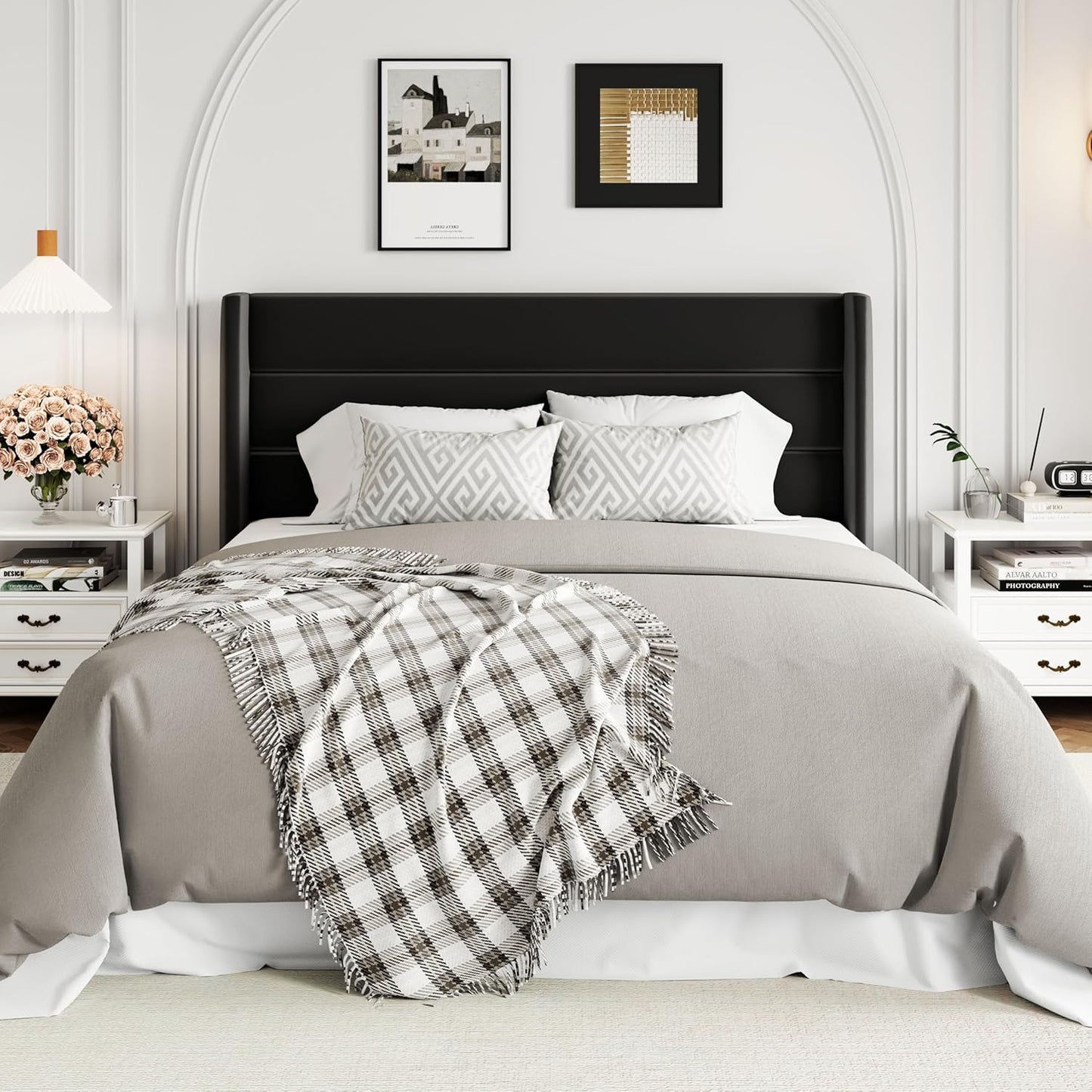 Allewie Queen Size Velvet Lift Up Storage Bed, Modern Wingback Headboard, Hydraulic Support, No Box Spring Needed, Black