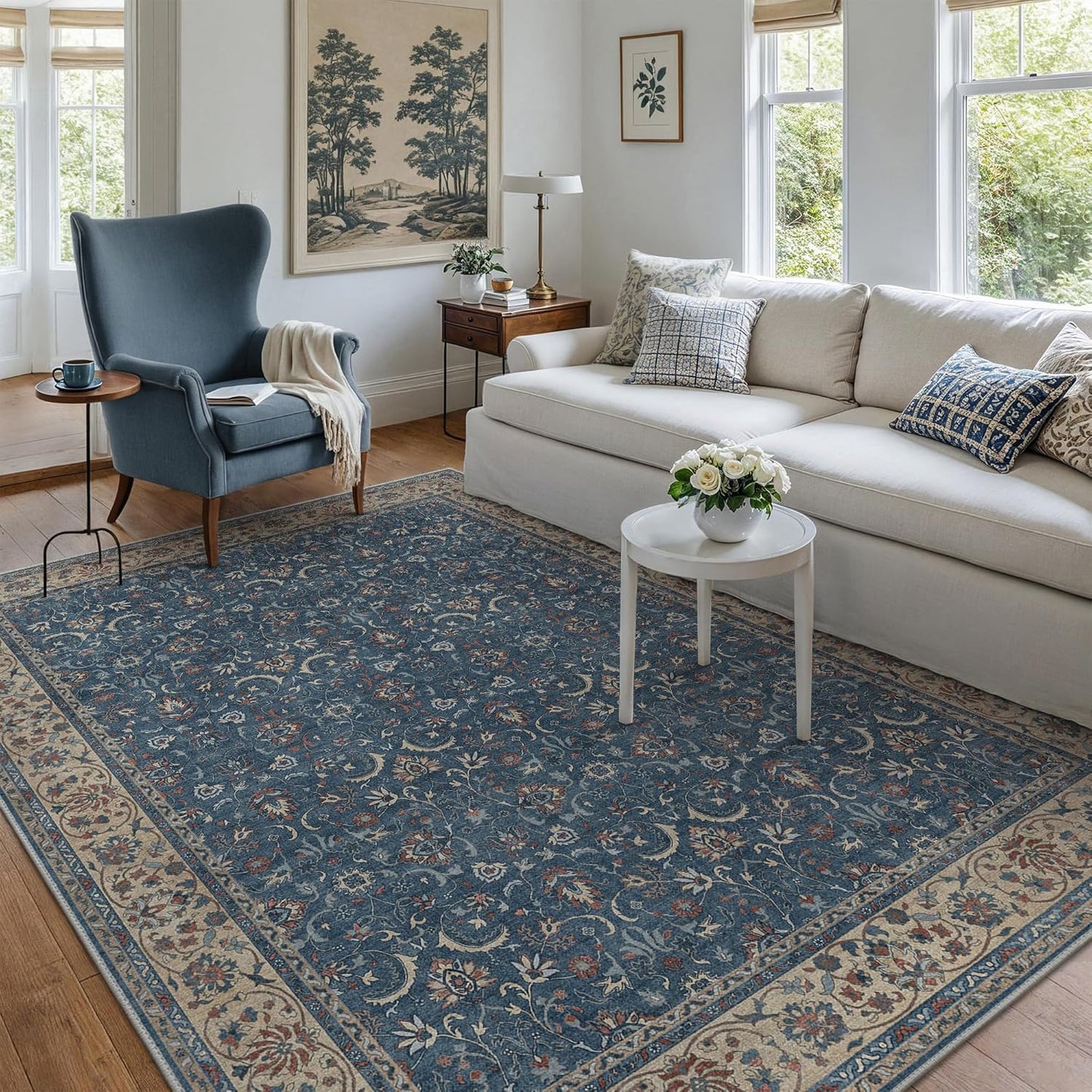 8X10 Area Rugs Machine Washable Rugs for Living Room, Vintage Boho Large Rugs for Bedroom Dining Room, Non Slip Indoor Soft Distressed Lightweight Thin Low Pile Carpet, Indigo
