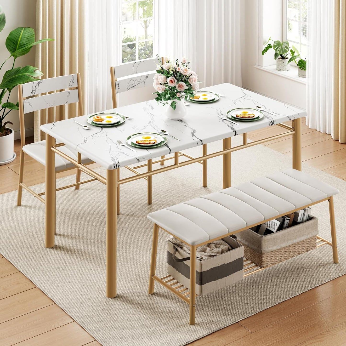 IRONCK Dining Table Set for 4, Kitchen Table with Upholstered Bench and 2 Chairs, Kitchen Table and Chairs Set for Small Space, Apartment, White & Gold