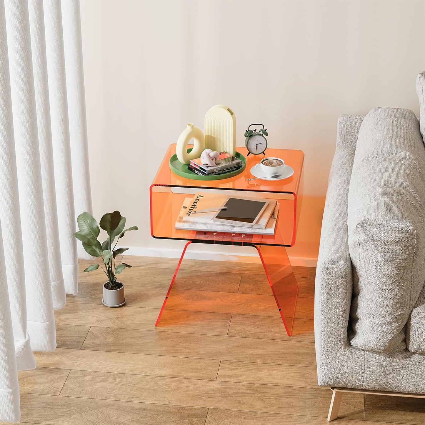 Acrylic Side Table with Easy Assembly Mini Modern End Table/Nightstand for Bedroom, Living Room, or Bathroom Compact Design Orange
