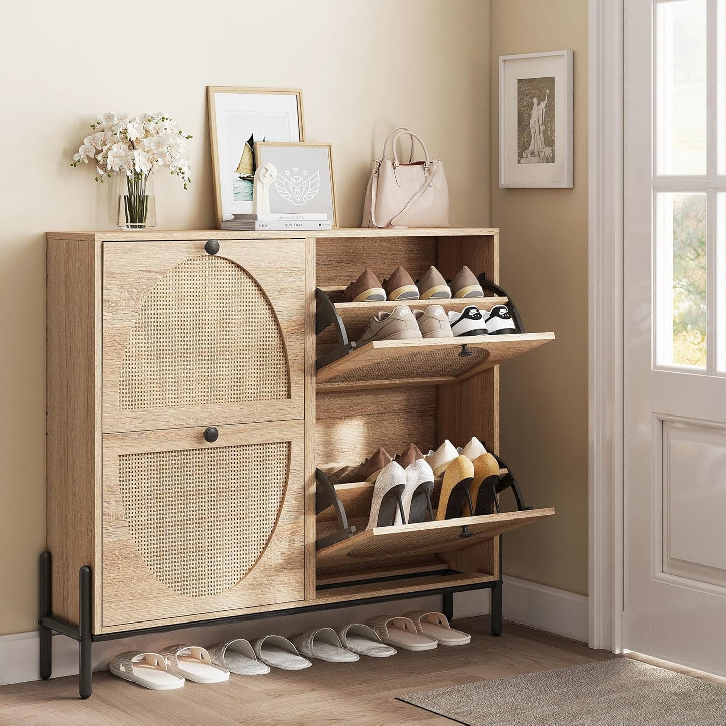 IRONCK Rattan Shoe Cabinet Storage with 4 Flip Drawers, Freestanding Shoe Storage Organizer Cabinet for Entryway, Narrow Shoe Rack Cabinet, Oak