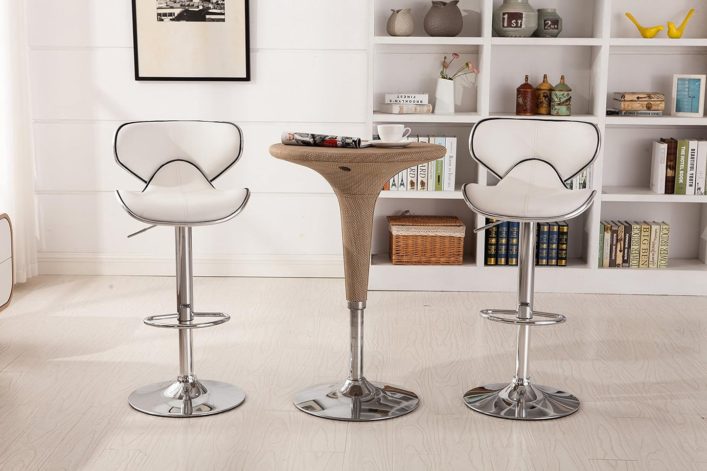 Roundhill Furniture Masaccio Cushioned Leatherette Upholstery Airlift Adjustable Swivel Barstool with Chrome Base, Set of 2, White