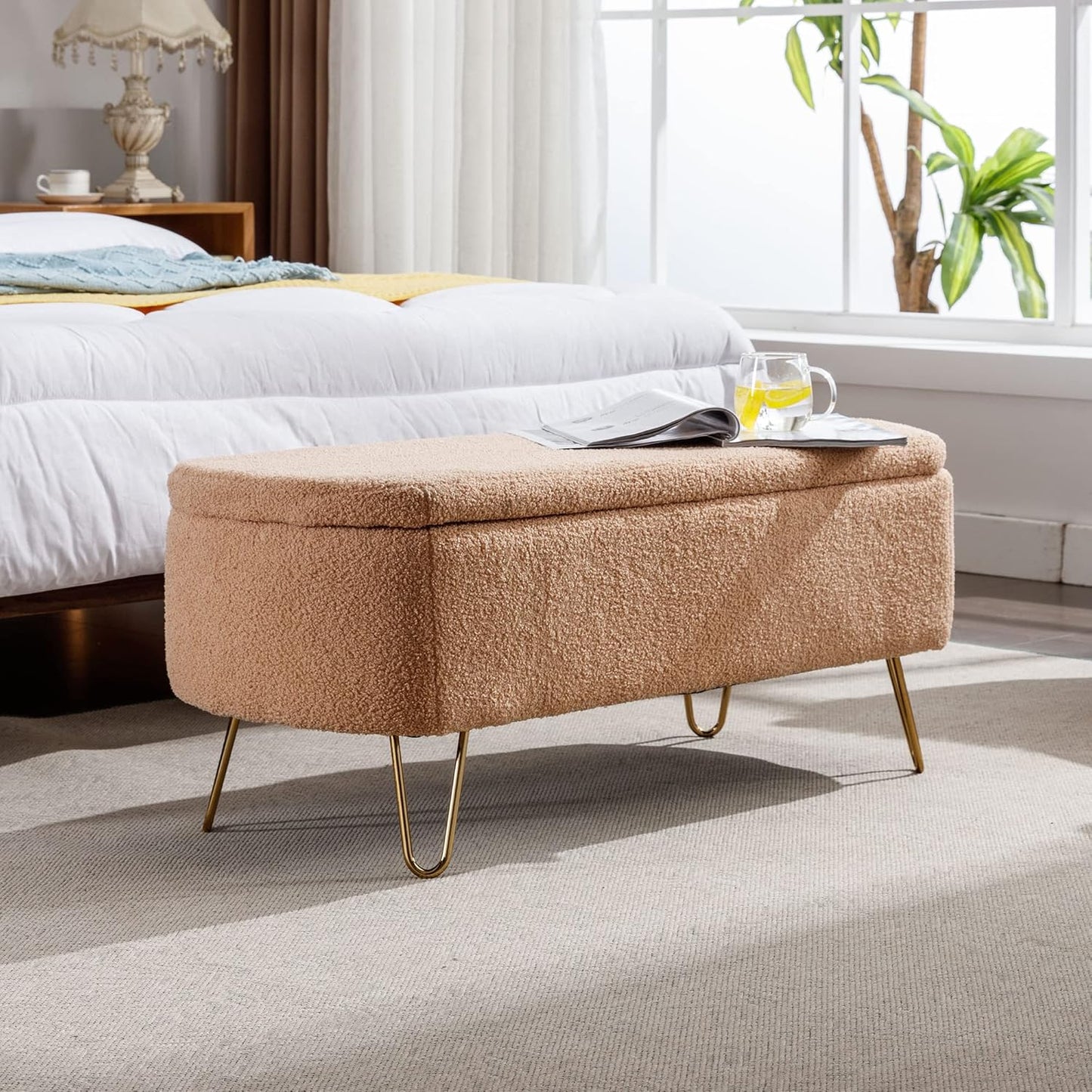 Storage Ottoman Bench with End of Bed Gold Legs,Modern Faux Fur Entryway Long Stool Upholstered Padded W/Safety Hinge,for Bedroom LivingRoom Window Side,Camel