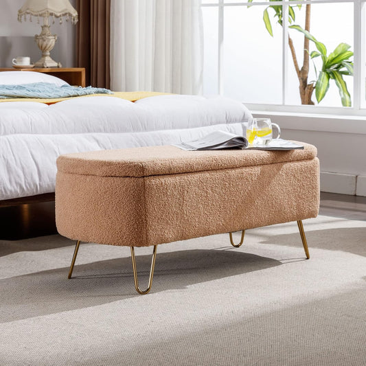 Storage Ottoman Bench with End of Bed Gold Legs,Modern Faux Fur Entryway Long Stool Upholstered Padded W/Safety Hinge,for Bedroom LivingRoom Window Side,Camel