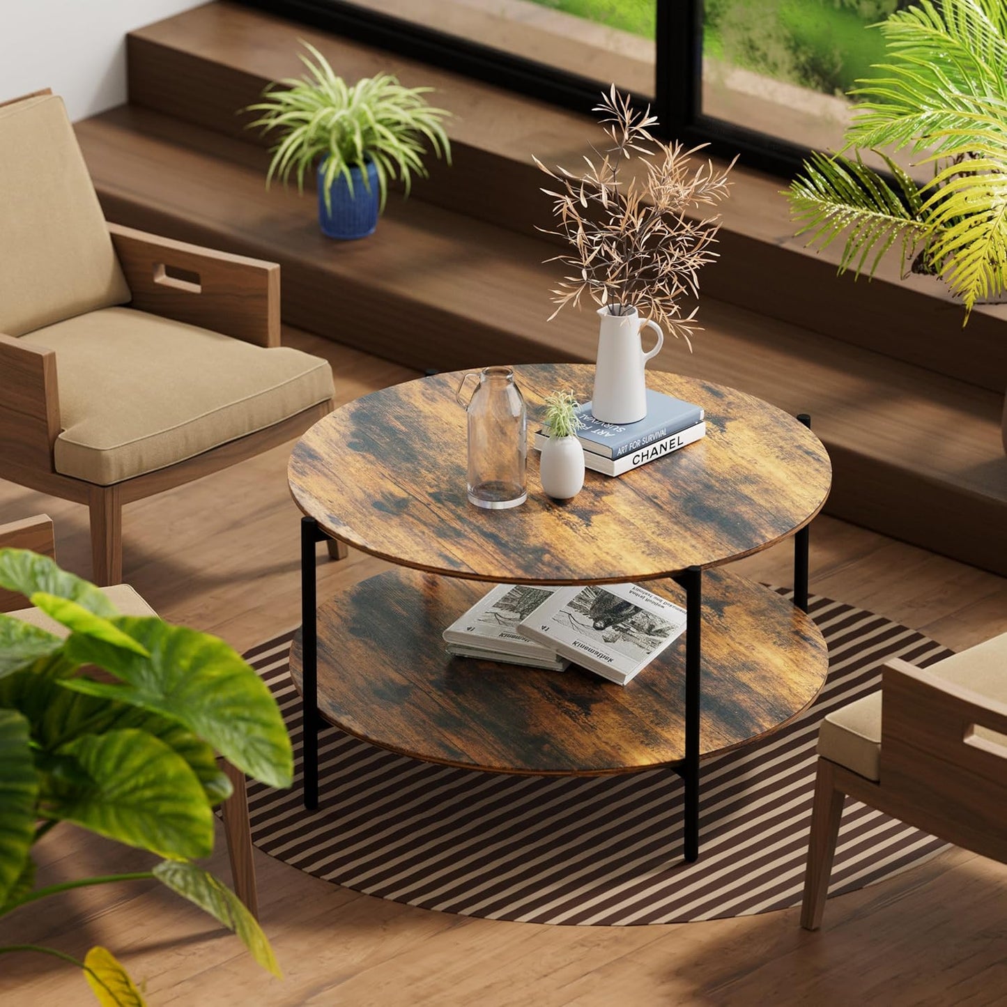 Round Coffee Table, 2-Tier 32.9" Circle Coffee Tables with Storage Wood Rustic Farmhouse Center Circular Coffee Table for Living Room Bedroom Balcony Office - Walnut