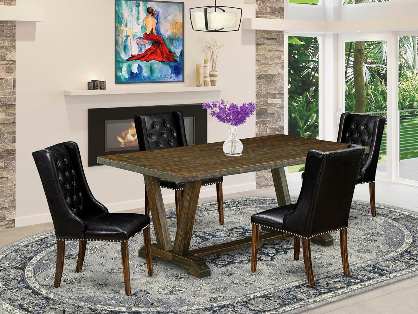 East West Furniture V777FO749-5 5 Piece Kitchen Table Set for 4 Includes a Rectangle Dining Room Table with V-Legs and 4 Black Faux Leather Upholstered Chairs, 40x72 Inch, Multi-Color