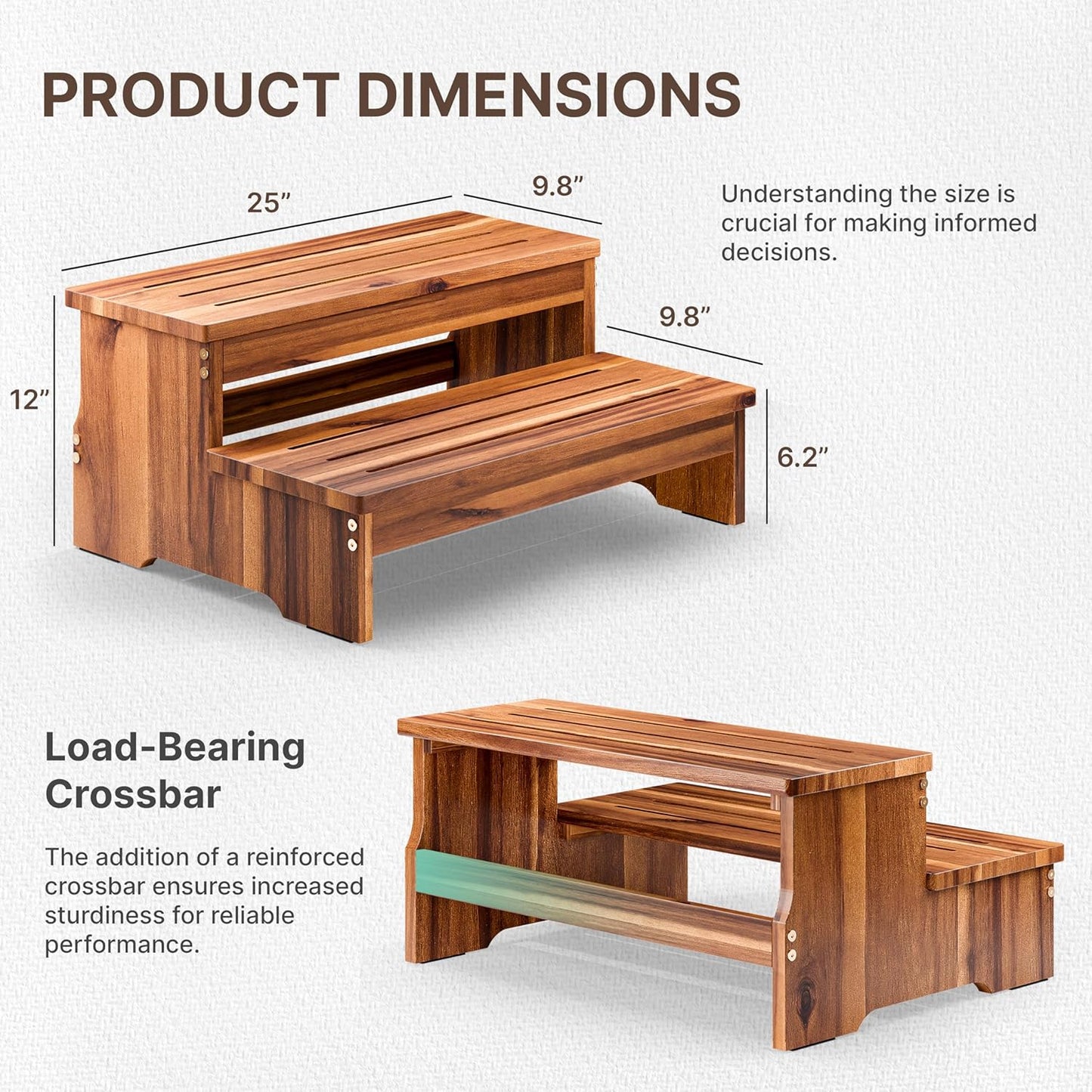 TINAMO 25" Long Step Stool for Adult & Kid - Acacia Wood Two Step Stool 500 Lb - Wooden Riser 2-Step Spa & Hot Tub Stairs for Pool - Heavy Duty 2 Step Stools for Bed, Kitchen,Outdoor (Patent Pending)