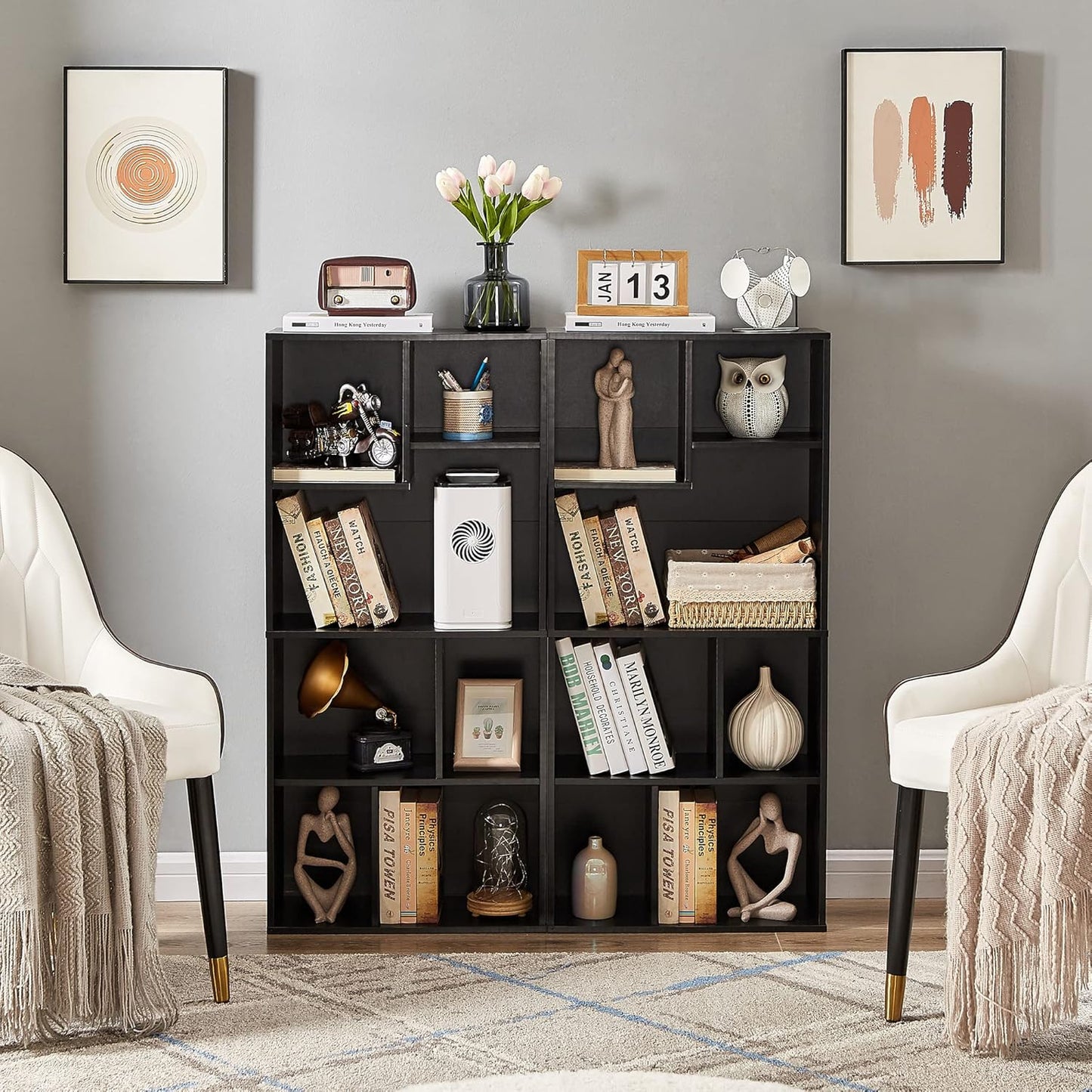 VECELO 42 Inch High Bookcase, 4-Tier Modern Storage Cabinet with Height Difference Shelves for Standard Textbooks, Floor Standing Display, 7 Cubes, Horizontal Avaiable, Easy Assembly, Black